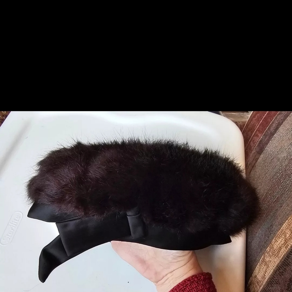 Vintage Black Fur Beret Ladies Hat Satin Trim